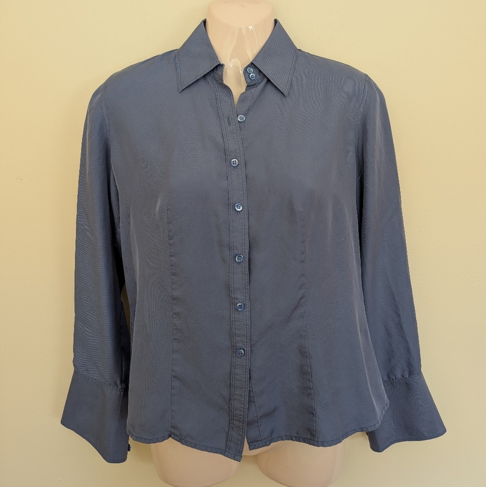 Ann Taylor 100% Silk Button Front Blouse Shirt Blue Petite Small